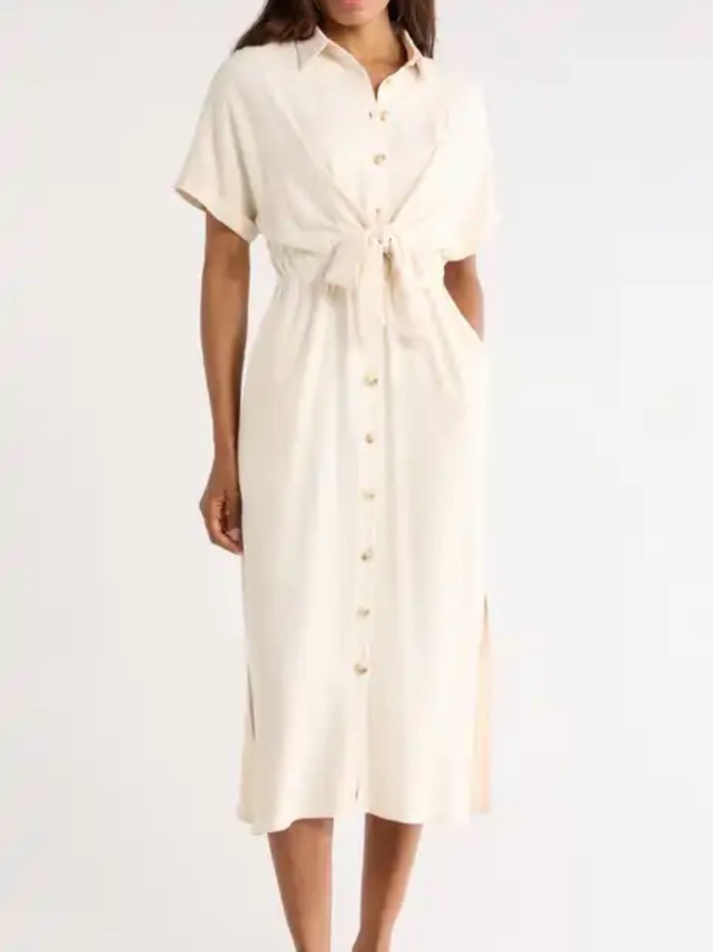 FRNCH Paris Alienor Linen Blend Tie Waist Shirt Dress Beige Button Front